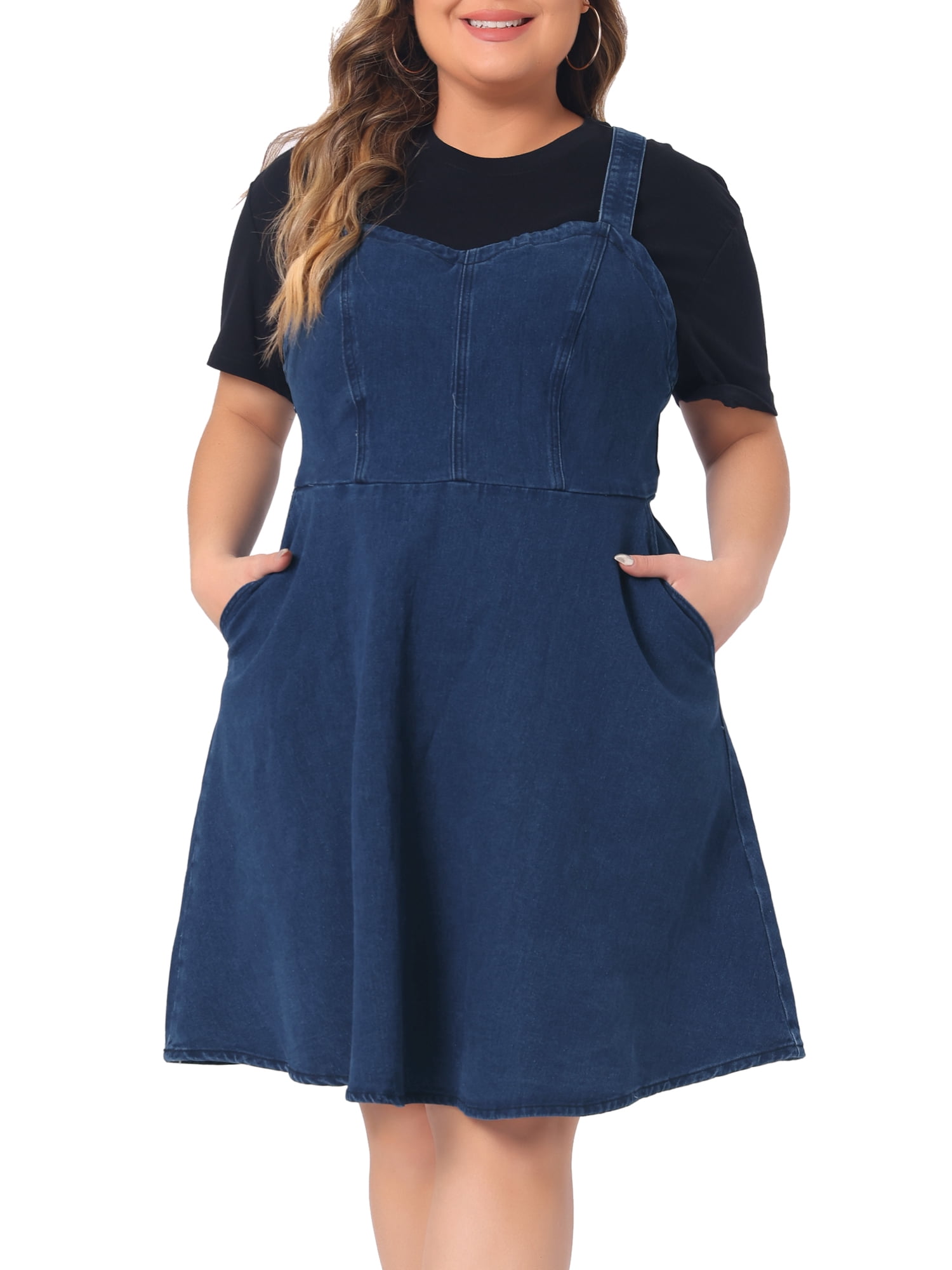 DARING DIVA Women's Plus Size Denim Overall Adjustable Straps Pockets Dress 6X Dark Blue