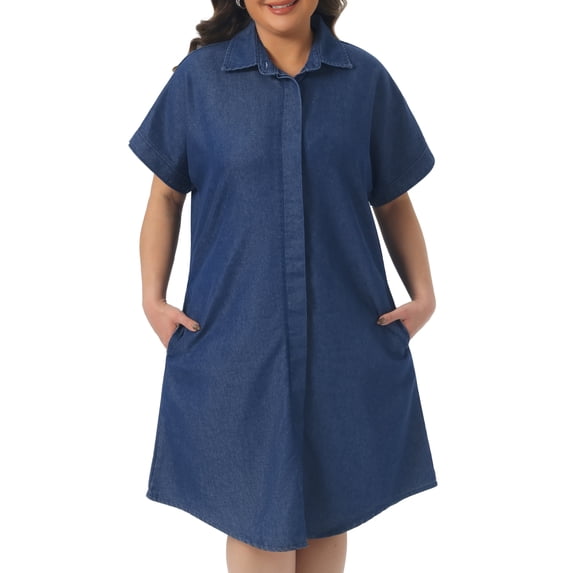 DARING DIVA Women's Plus Size Denim Short Sleeve Button Down Dress 3X Dark Blue