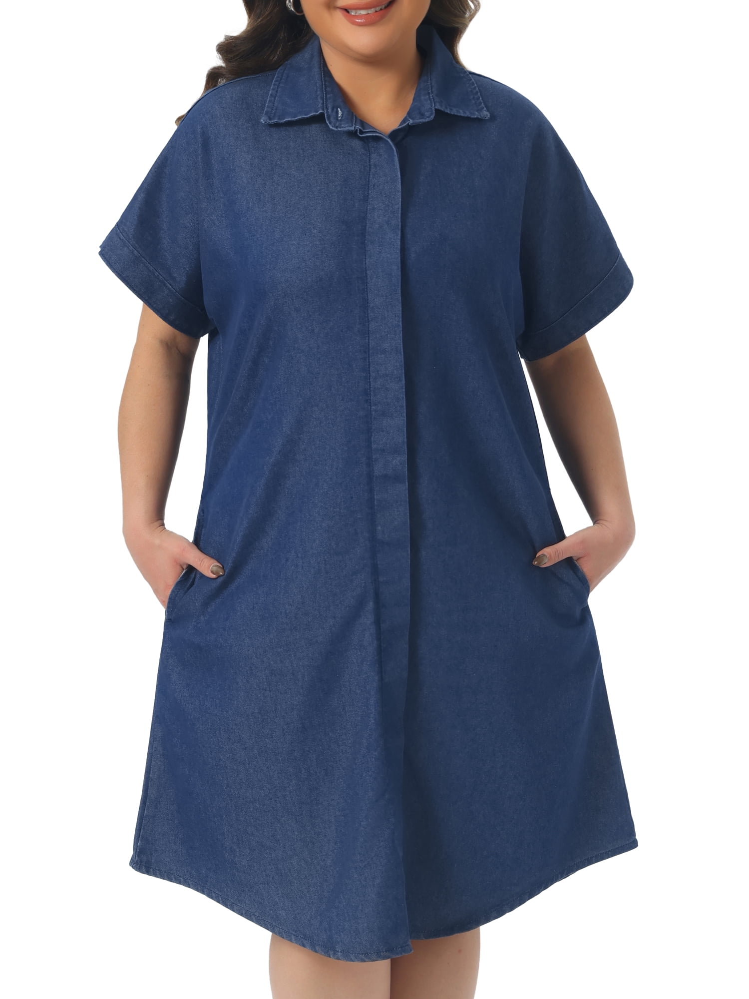 DARING DIVA Women's Plus Size Denim Short Sleeve Button Down Dress 5X Dark Blue