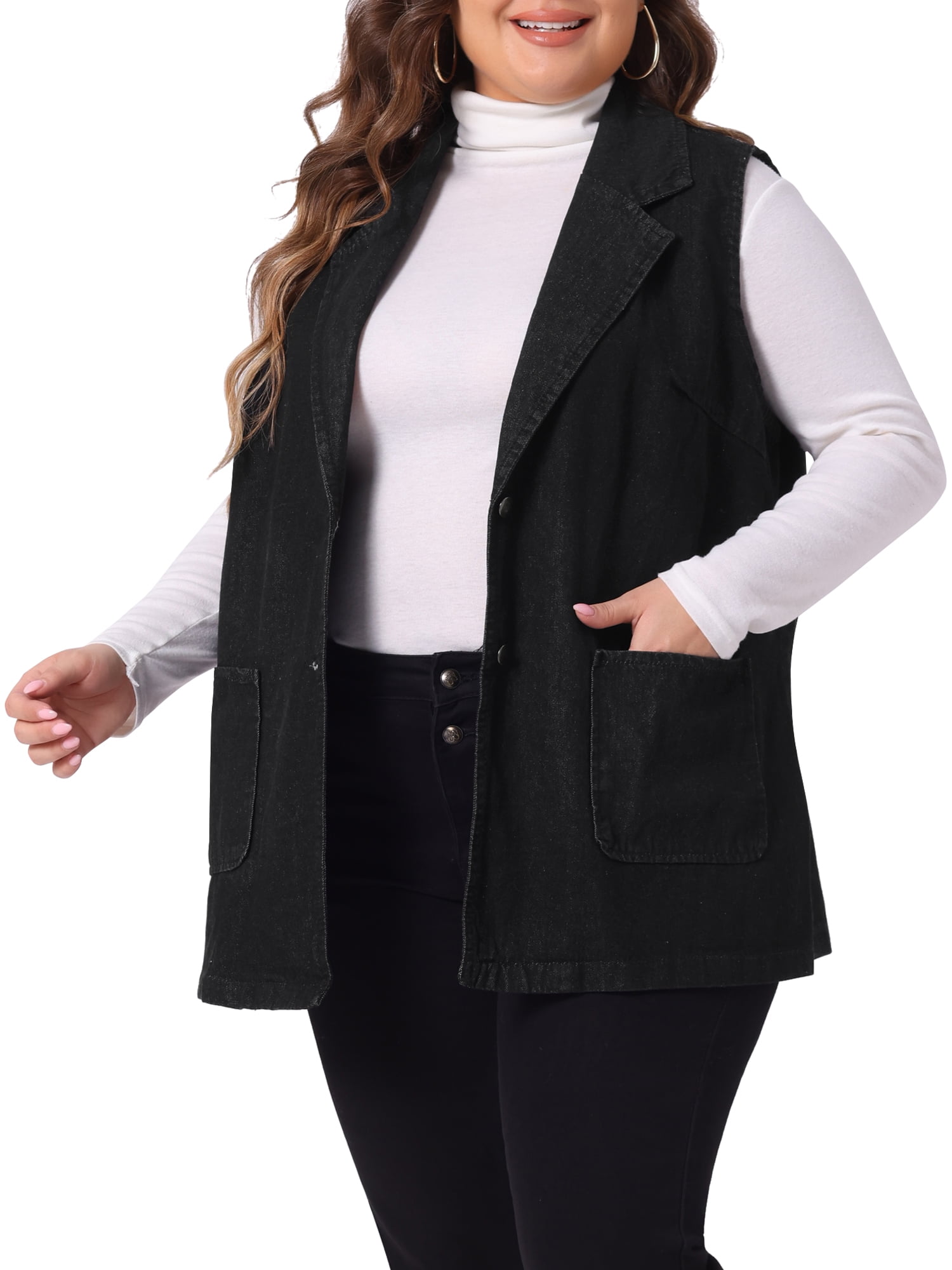 Unique Bargains Women's Plus Size Dressy Sleeveless Long Jean Jacket 2X Black