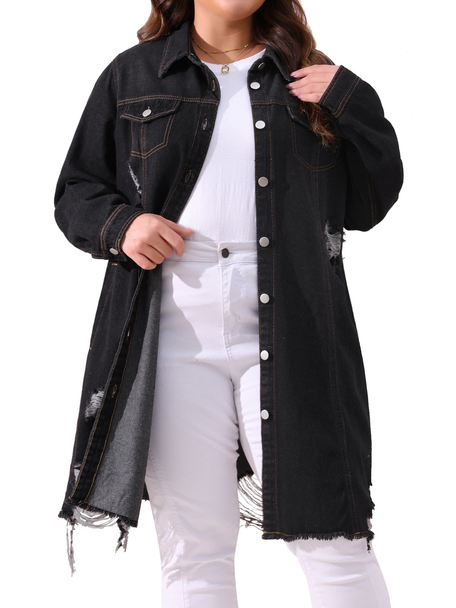 DARING DIVA Women's Plus Size Distressed Fray Hem Trucker Denim Jackets 3X Black