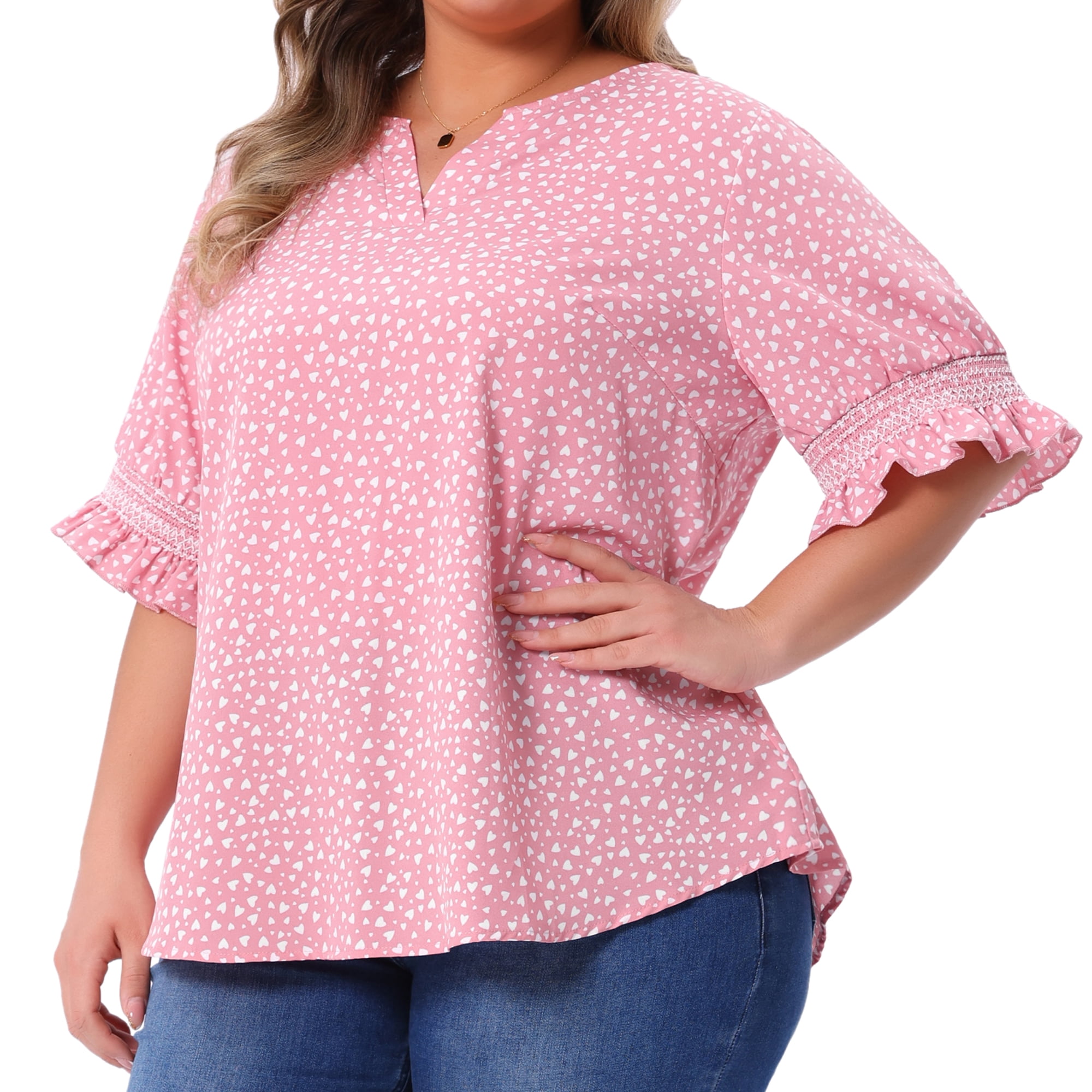 DARING DIVA Women's Plus Size Dots Heart Smocked Short Sleeve Blouse 2X Pink