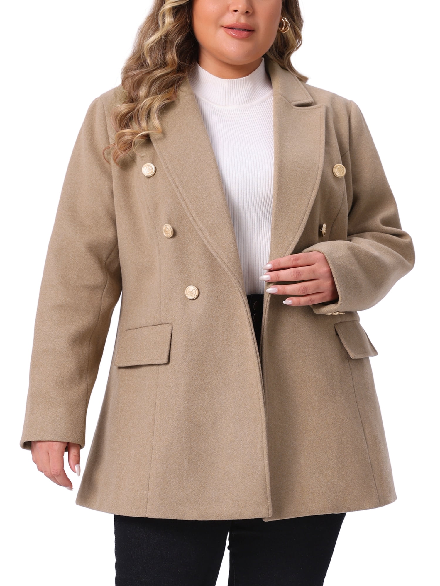DARING DIVA Women's Plus Size Double-Breasted Notched Lapel Peacoat 1X Camel