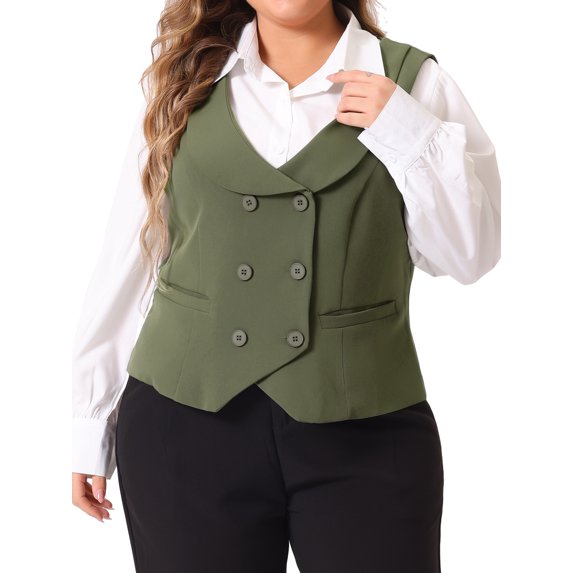 DARING DIVA Women's Plus Size Double Breasted Vintage Lapel Collar Vest 2X Army Green