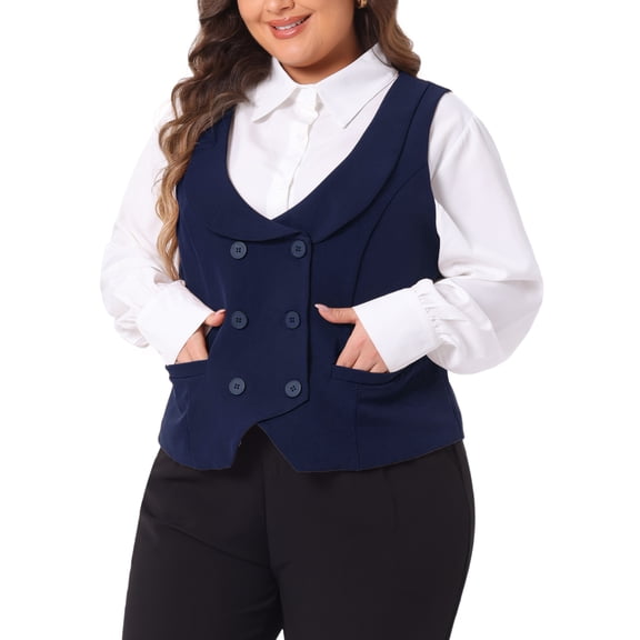 DARING DIVA Women's Plus Size Double Breasted Vintage Lapel Collar Vest 2X Navy Blue