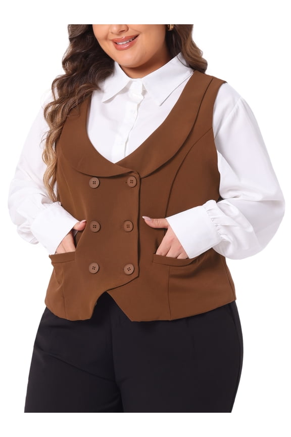 Women's Plus Size Double Breasted Vintage Lapel Collar Vest 3X Brown