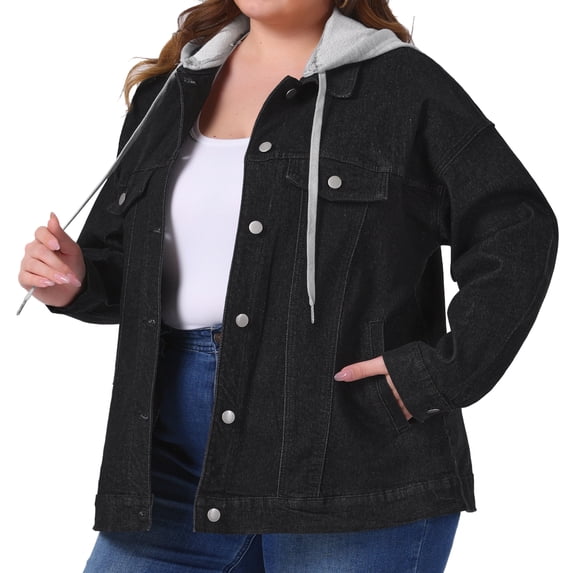 DARING DIVA Women's Plus Size Drawstring Detachable Hoodie Denim Jacket 3X Black