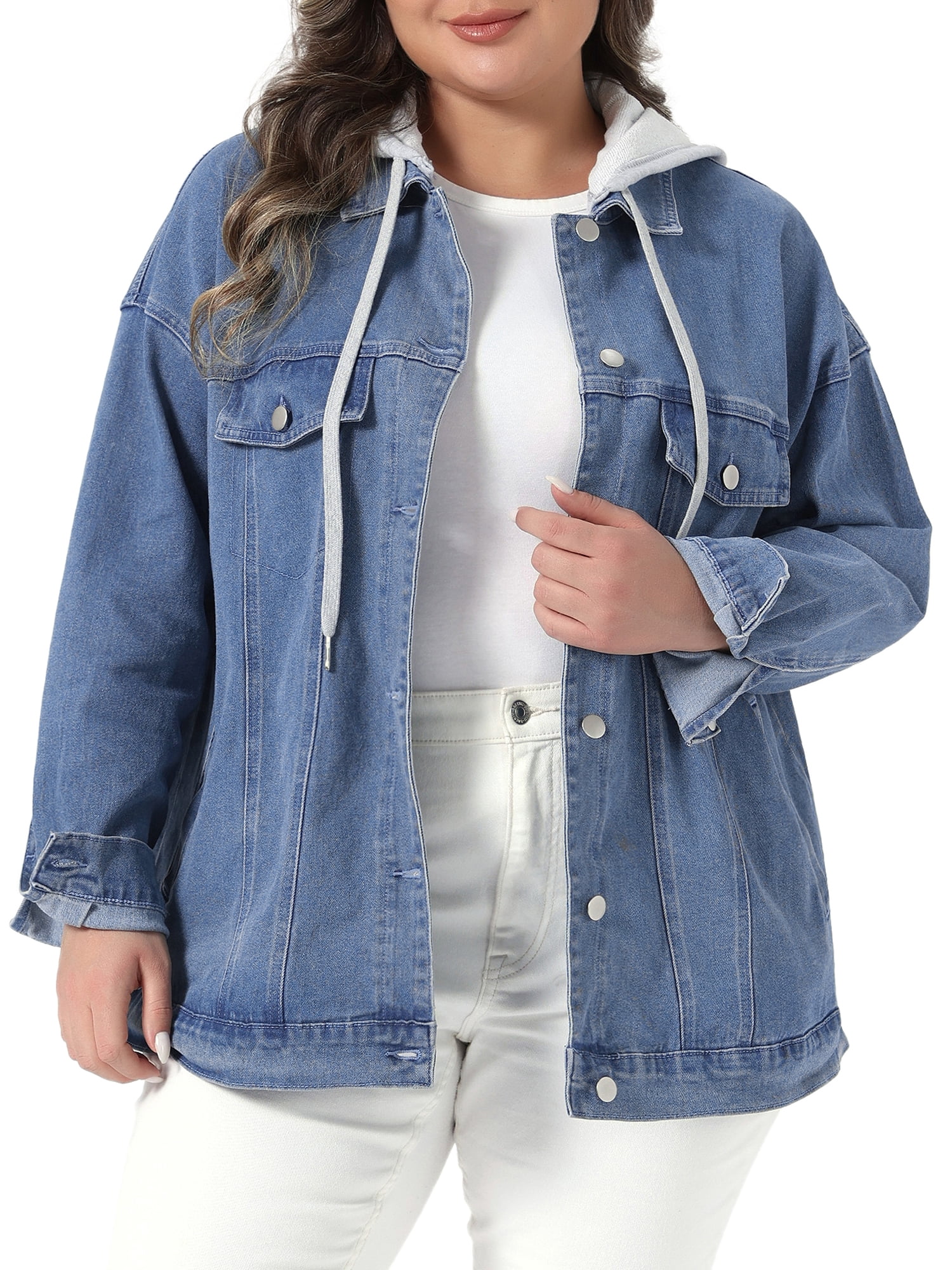 DARING DIVA Women's Plus Size Drawstring Detachable Hoodie Denim Jacket 4X Light Blue