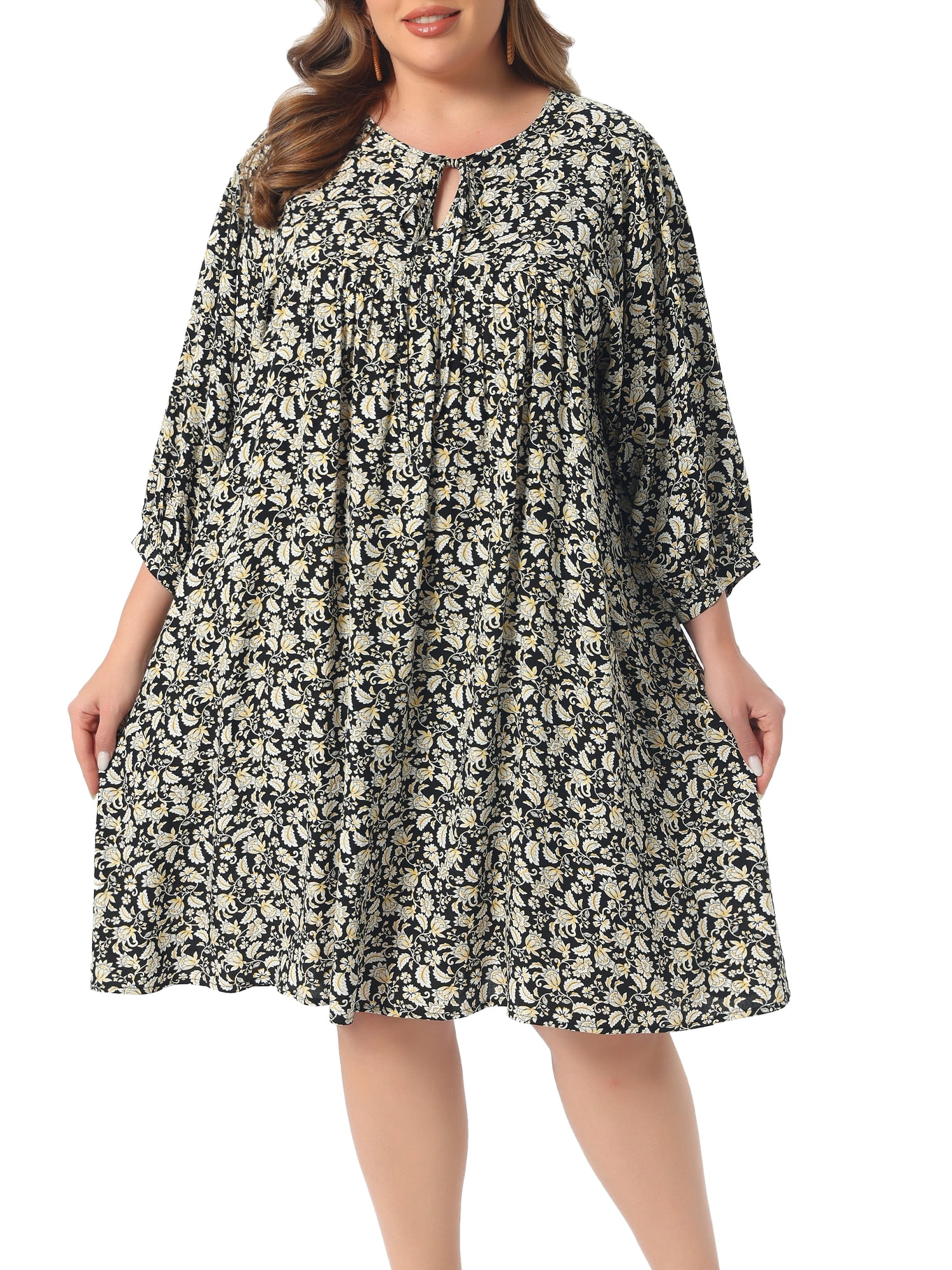 DARING DIVA Women's Plus Size Drawstring V Neck Babydoll Midi Flowy Dress 2X Black