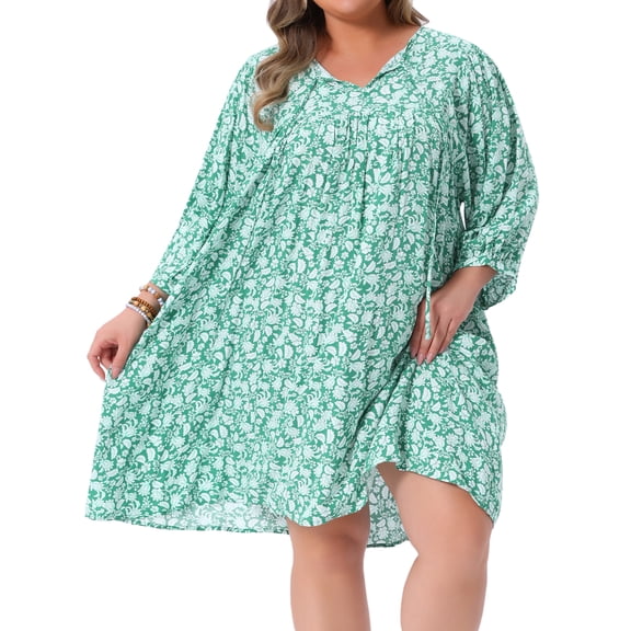 DARING DIVA Women's Plus Size Drawstring V Neck Babydoll Midi Flowy Dress 3X Green