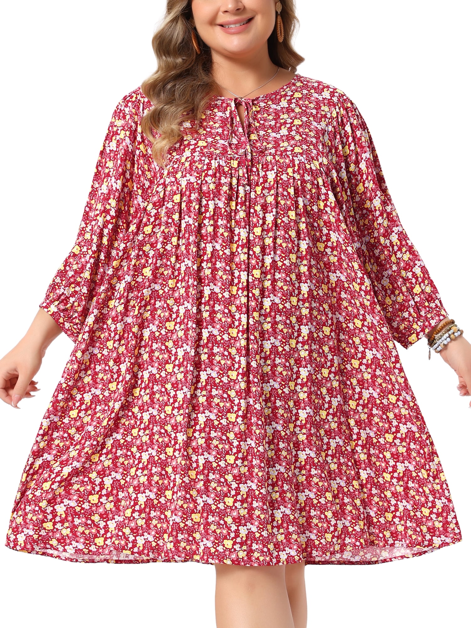 DARING DIVA Women's Plus Size Drawstring V Neck Babydoll Midi Flowy Dress 3X Red