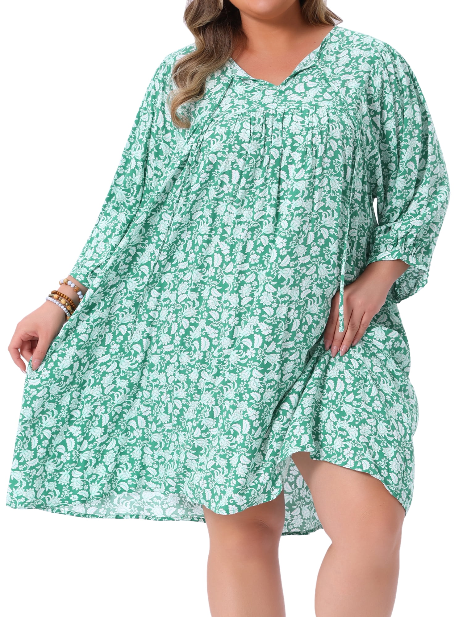 DARING DIVA Women's Plus Size Drawstring V Neck Babydoll Midi Flowy Dress 4X Green