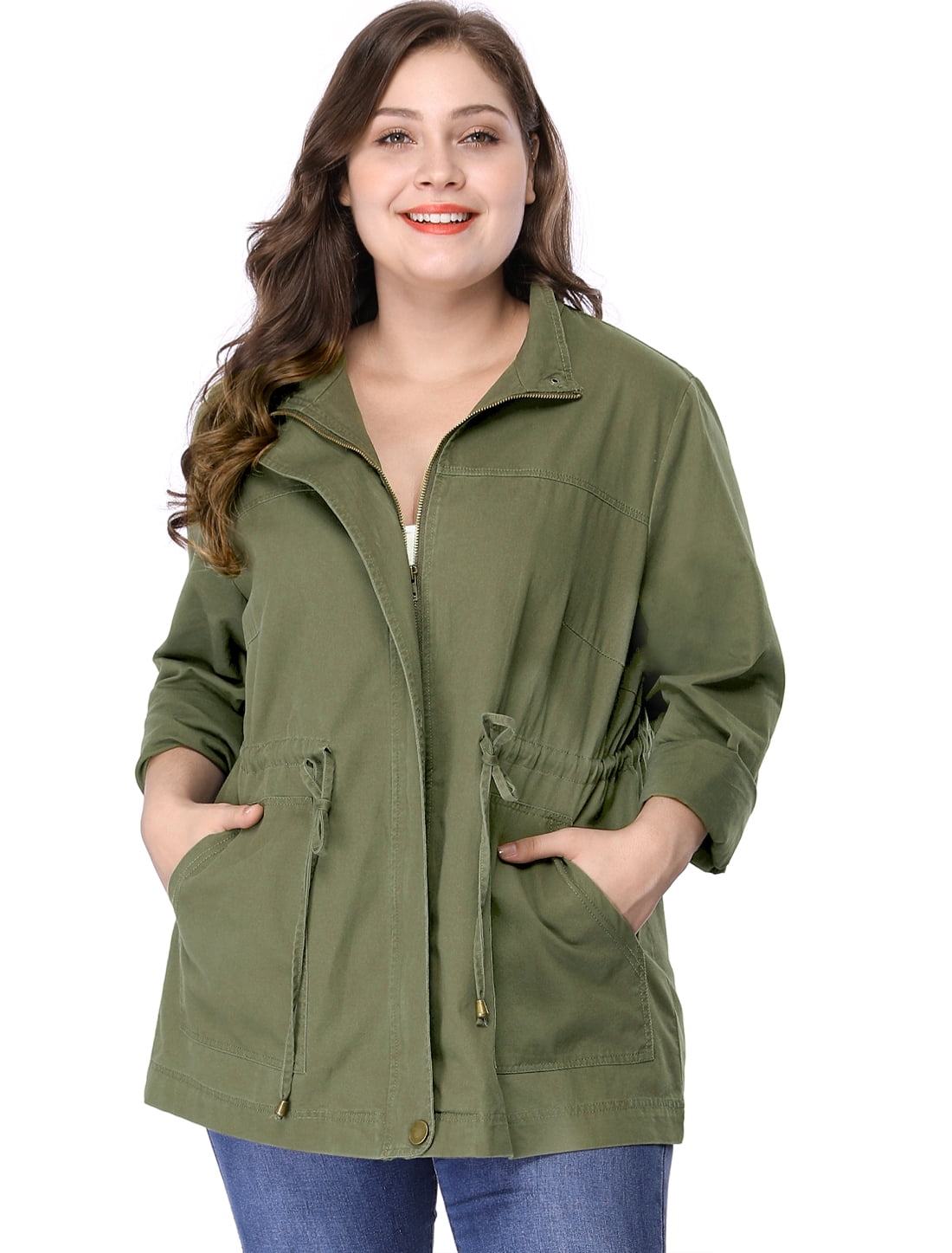 DARING DIVA Women's Plus Size Drawstring Waist Zip-up Utility Jacket 6X Army Green