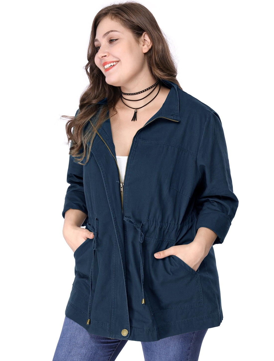 DARING DIVA Women's Plus Size Drawstring Waist Zip-up Utility Jacket 6X Dark Blue