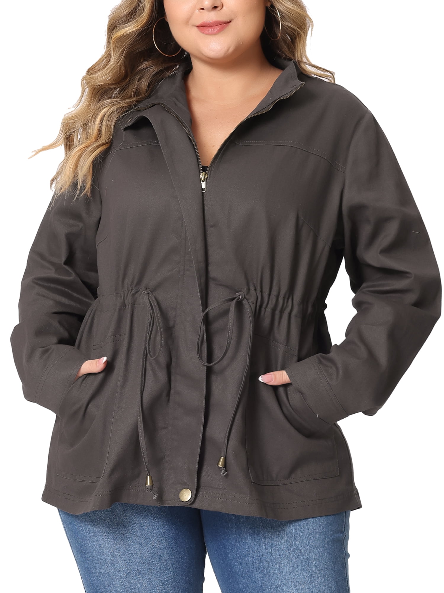 DARING DIVA Women's Plus Size Drawstring Waist Zip-up Utility Jacket 6X Grey