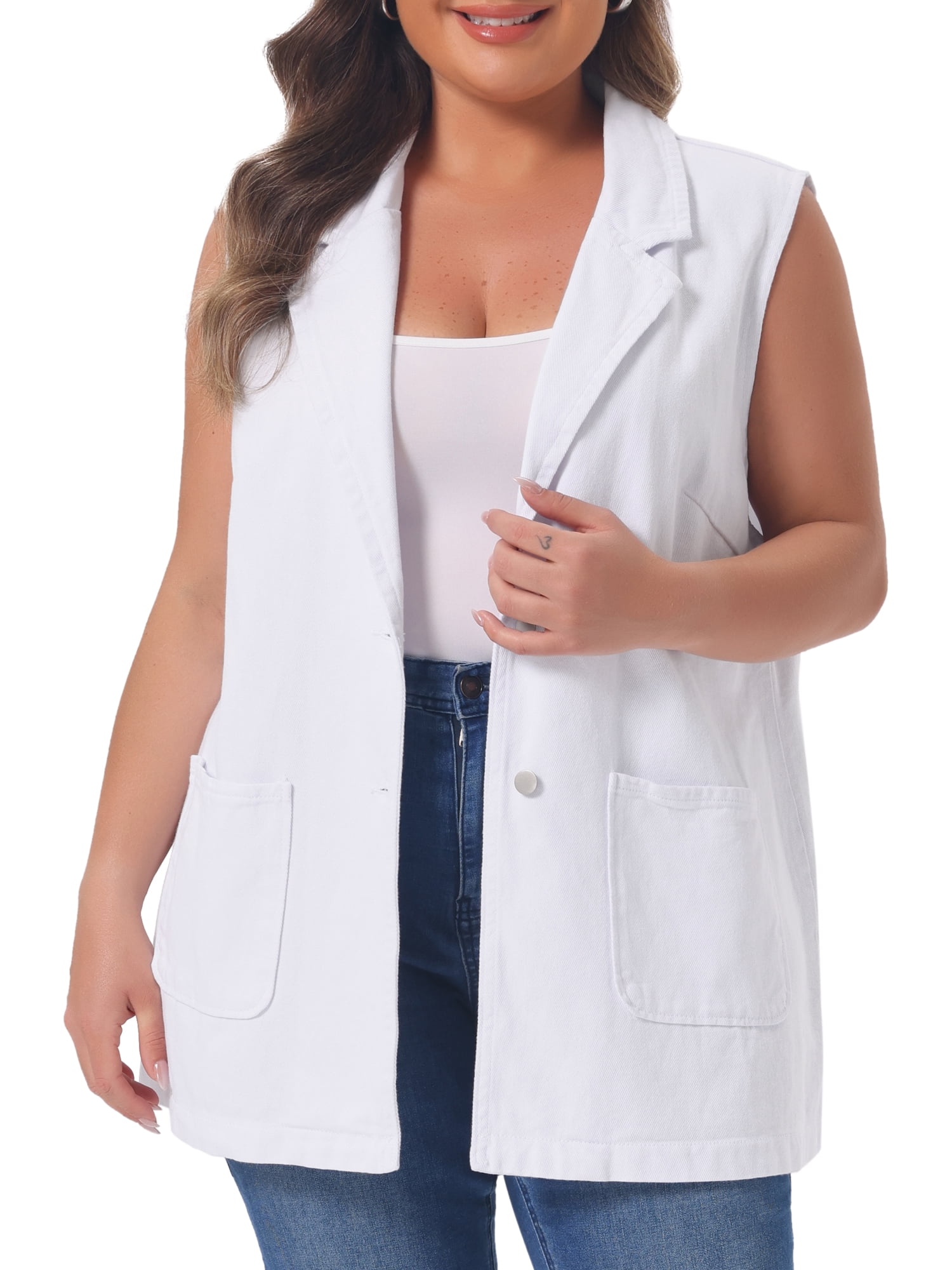DARING DIVA Women's Plus Size Dressy Sleeveless Long Jean Jacket 2X White