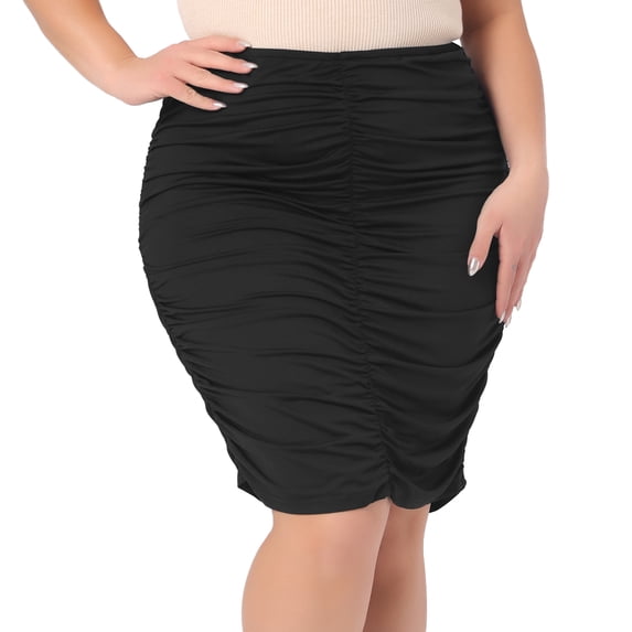 DARING DIVA Women's Plus Size Elastic High Waist Ruched Pencil Midi Skirt 1X Black