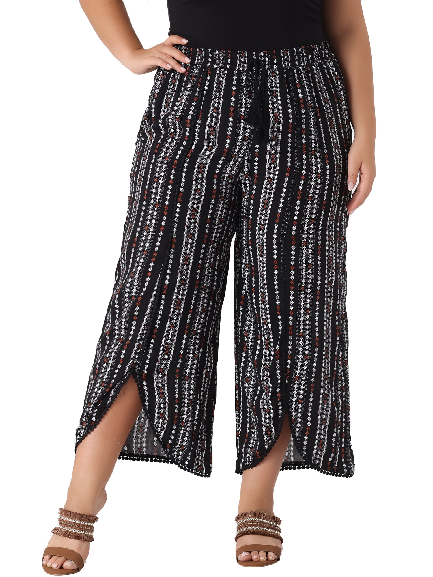 DARING DIVA Women's Plus Size Elastic Waist Flowy Striped Wide Leg Pant 1X Black