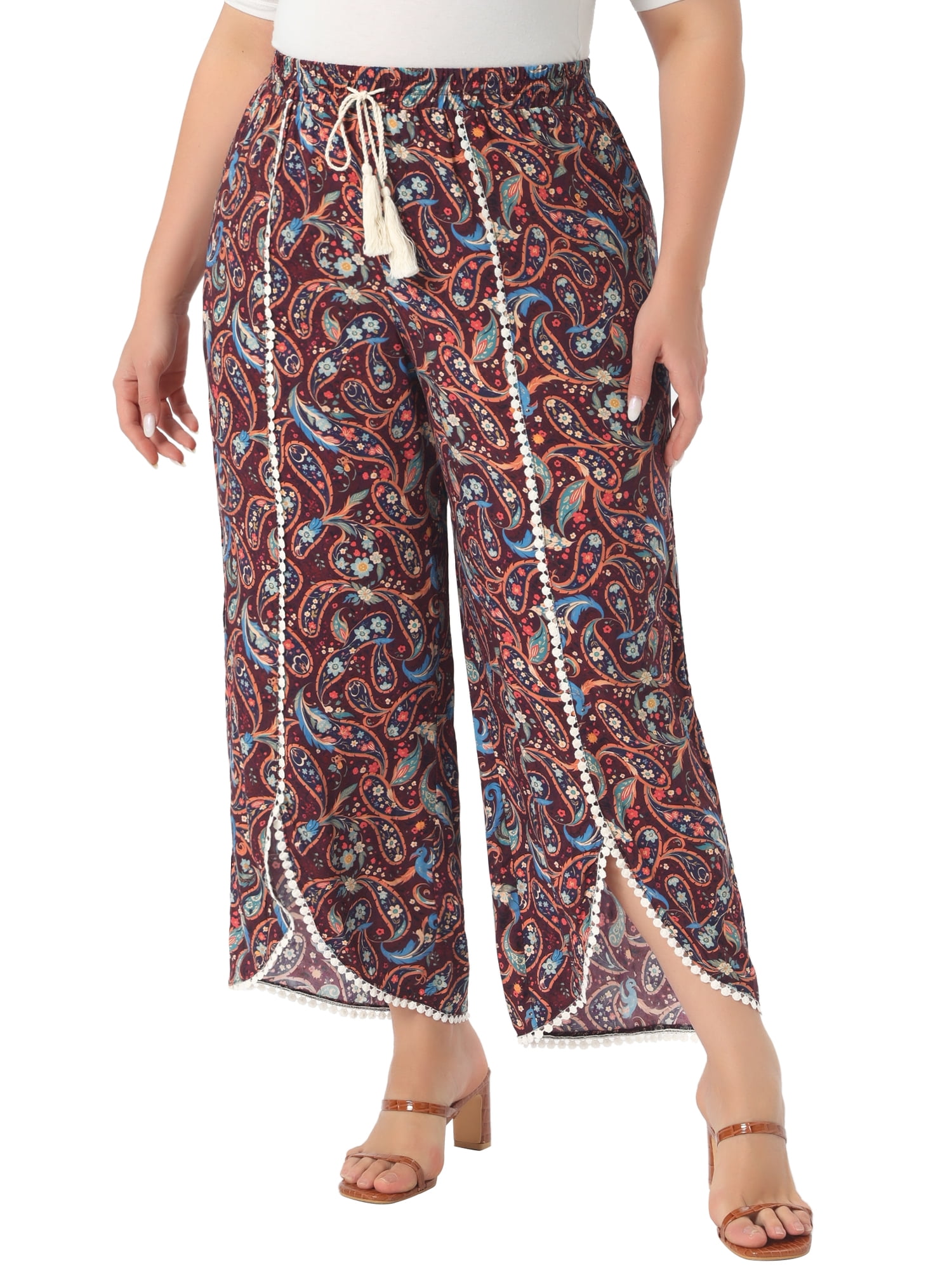 DARING DIVA Women's Plus Size Elastic Waist Flowy Striped Wide Leg Pant 2X Brown Red