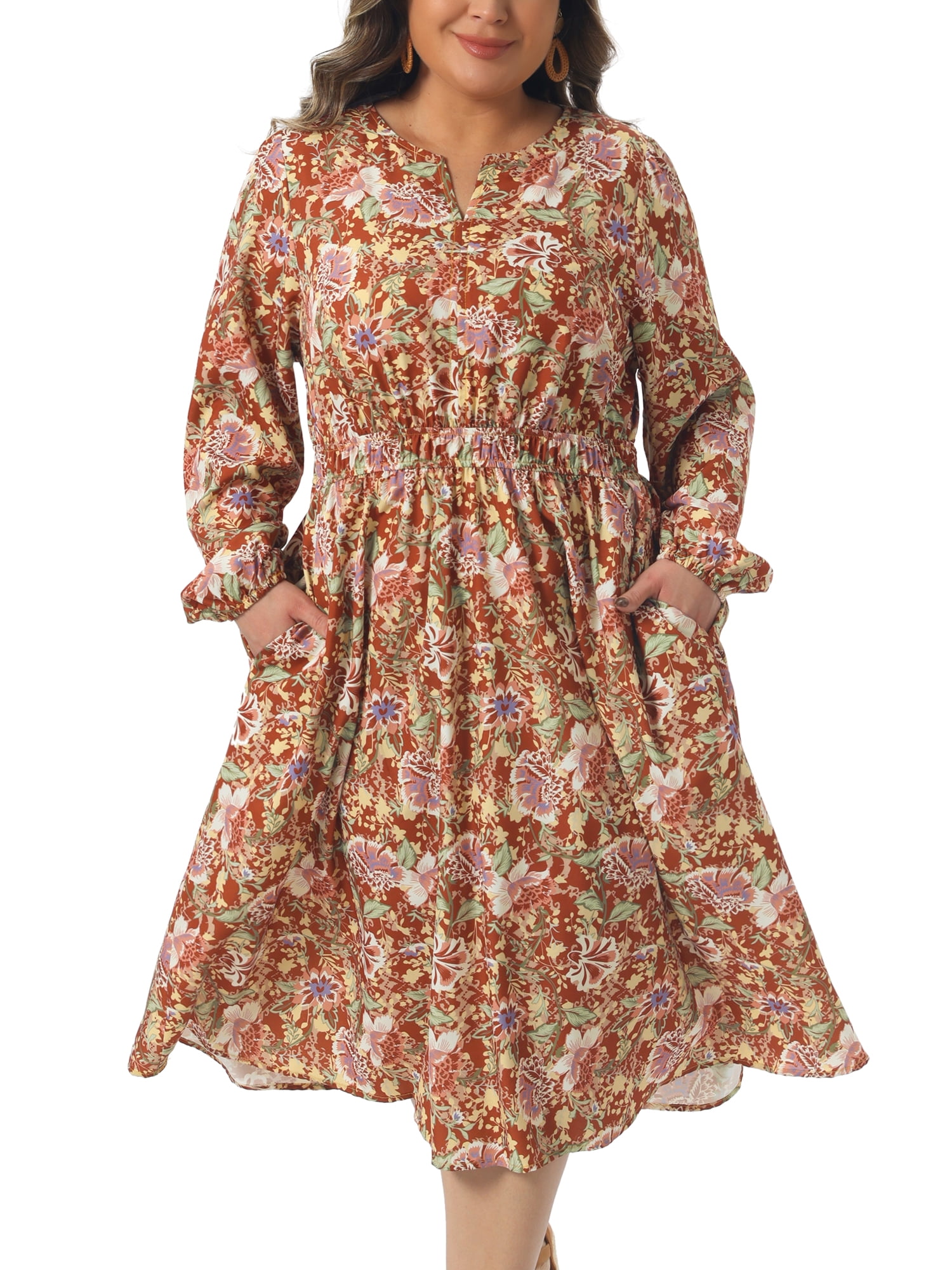 DARING DIVA Women's Plus Size Elegant Boho Floral Notch V Neck A Line Dress 1X Rust Red