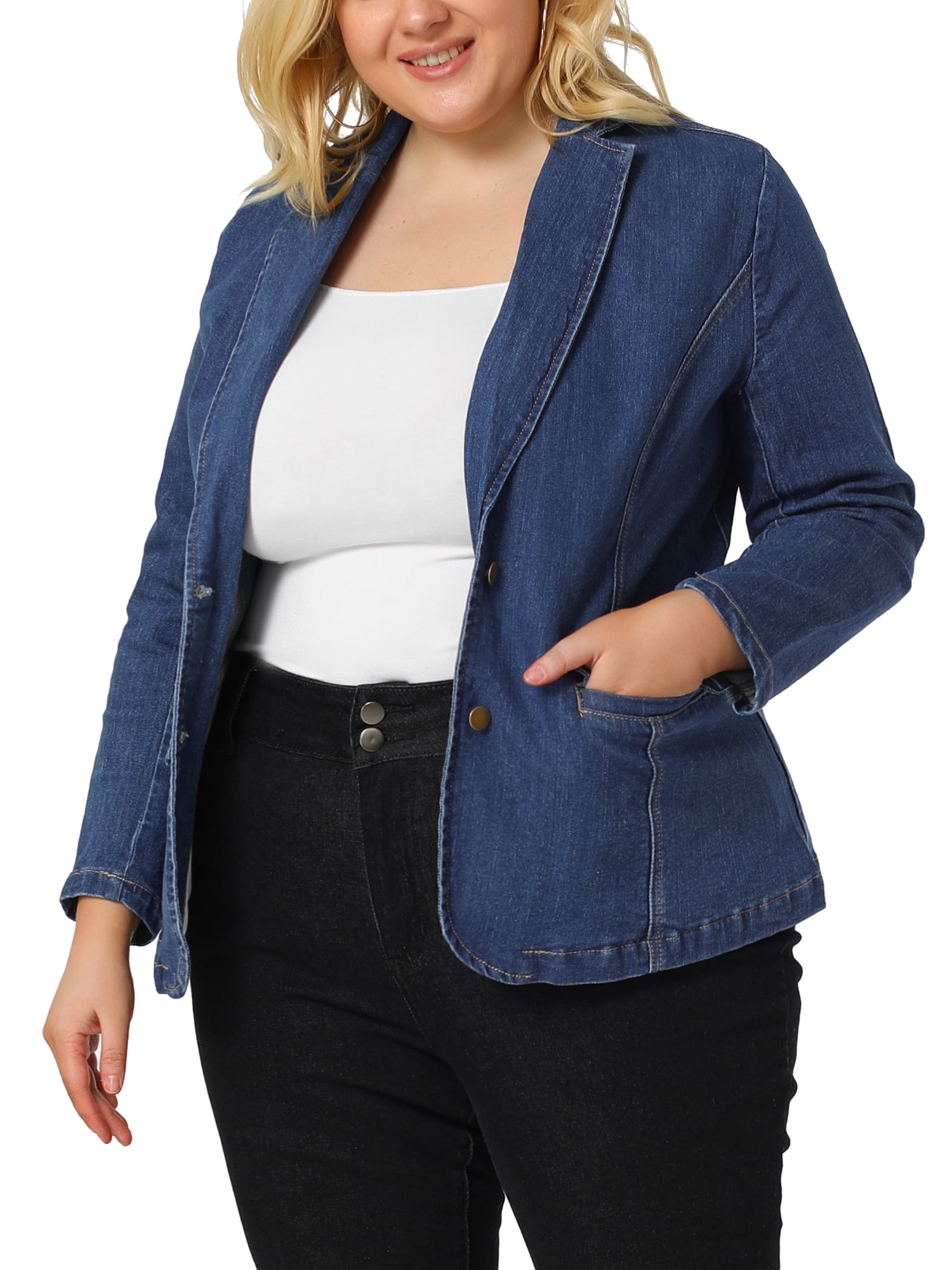DARING DIVA Women's Plus Size Elegant Lapel Work Jean Blazer Jacket 5X Sky Blue