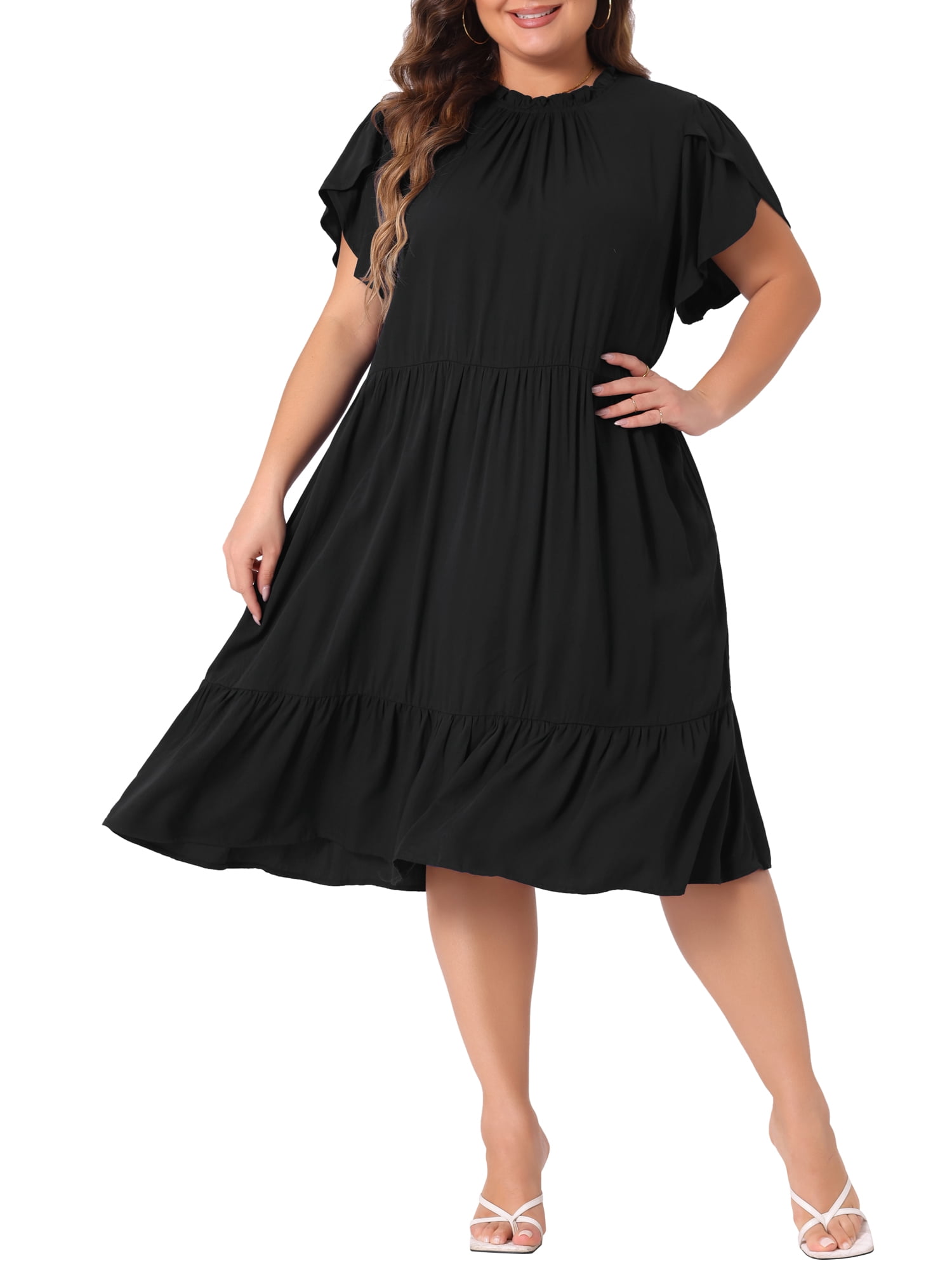DARING DIVA Women's Plus Size Elegant Tie Back Boat Neck Midi Length Dress 4X Black