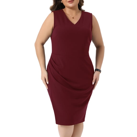 DARING DIVA Women's Plus Size Elegant Work Dress V Neck Ruched Bodycon 1X Burgundy