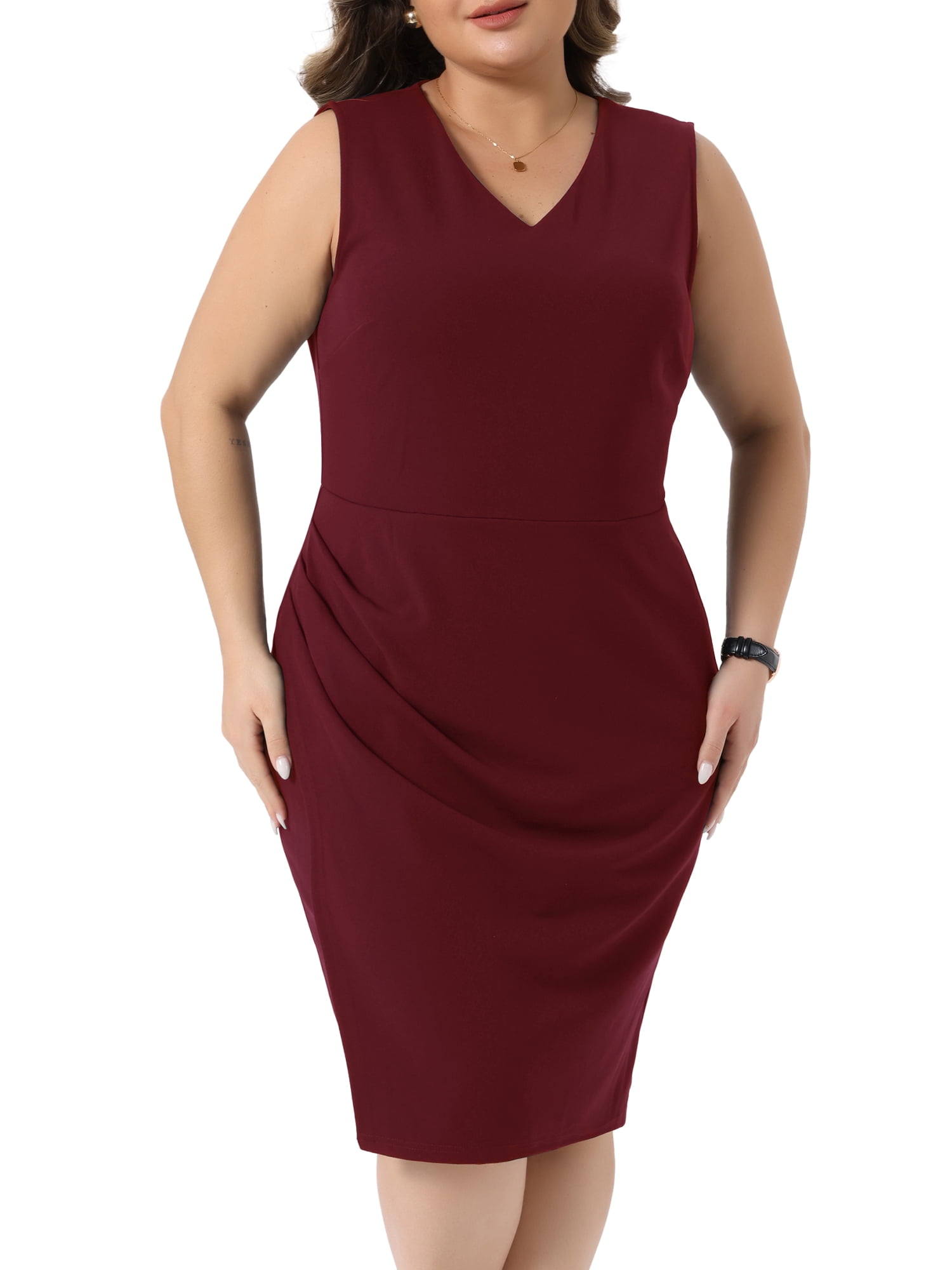 DARING DIVA Women's Plus Size Elegant Work Dress V Neck Ruched Bodycon 3X Burgundy