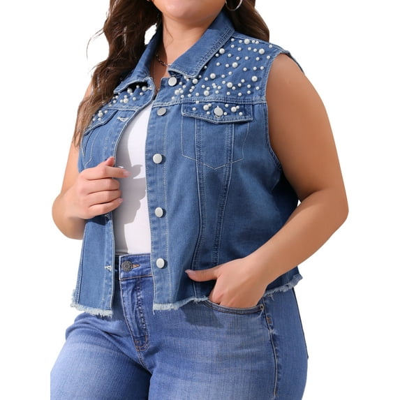 DARING DIVA Women's Plus Size Embroidered Pearl Frayed Denim Vest 1X Light Blue