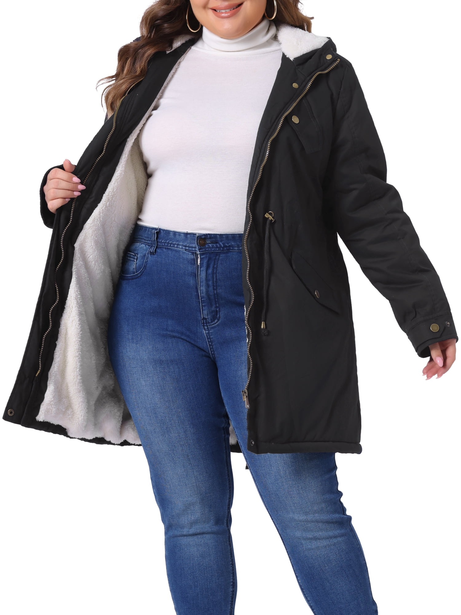 DARING DIVA Women's Plus Size Faux Fur Lined Long Anorak with Hood 1X Black