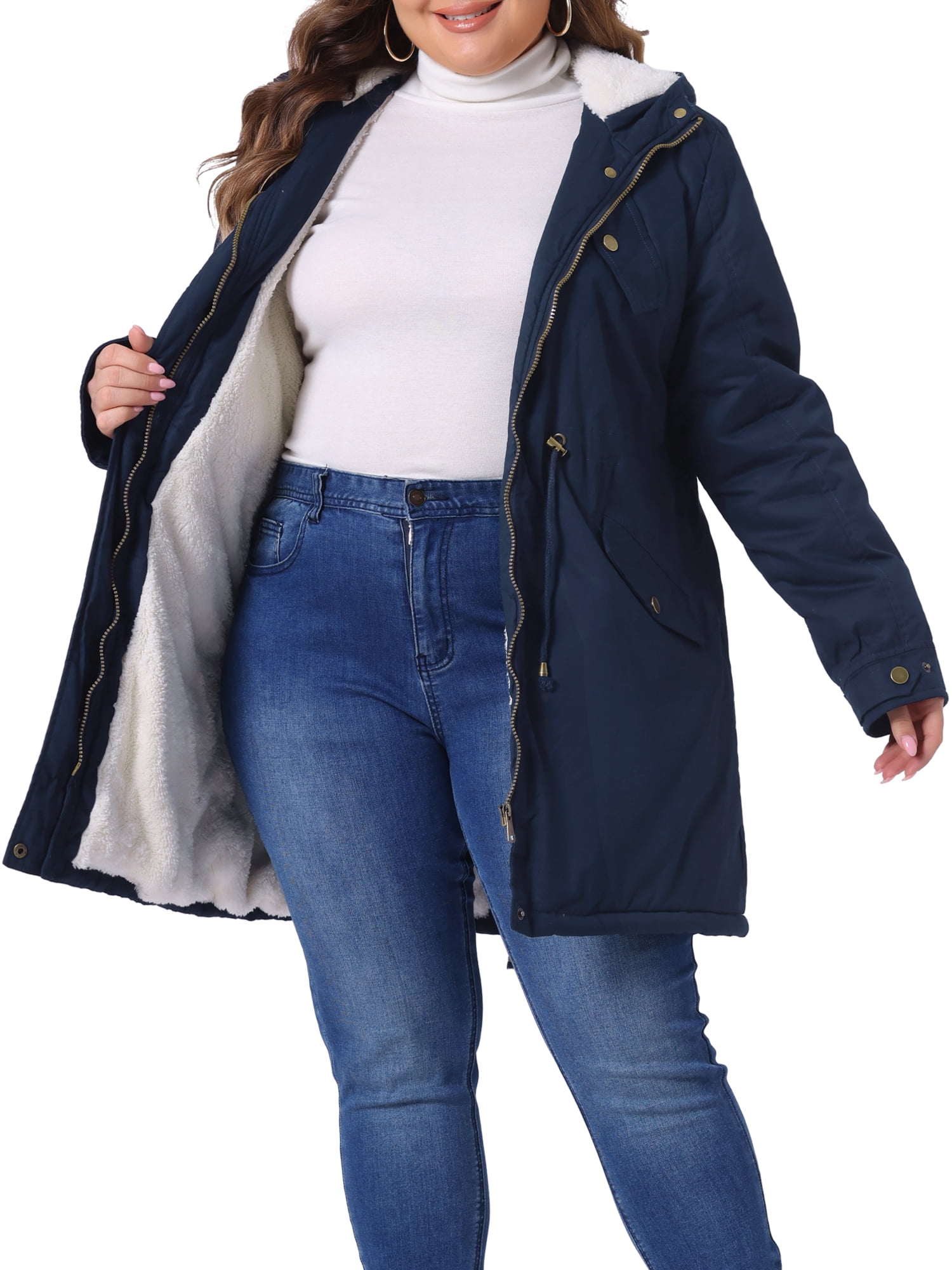 DARING DIVA Women's Plus Size Faux Fur Lined Long Anorak with Hood 1X Navy Blue