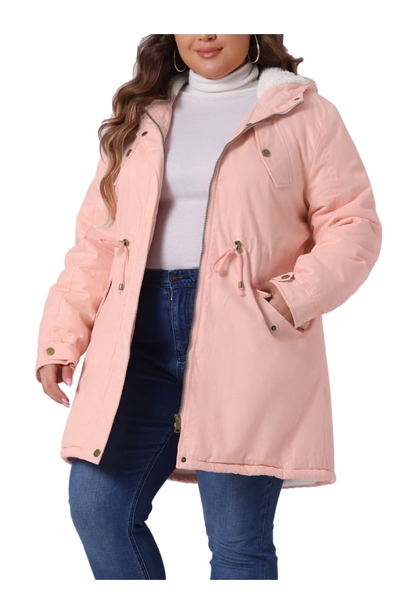 Women's Plus Size Faux Fur Lined Long Anorak with Hood 1X Pink