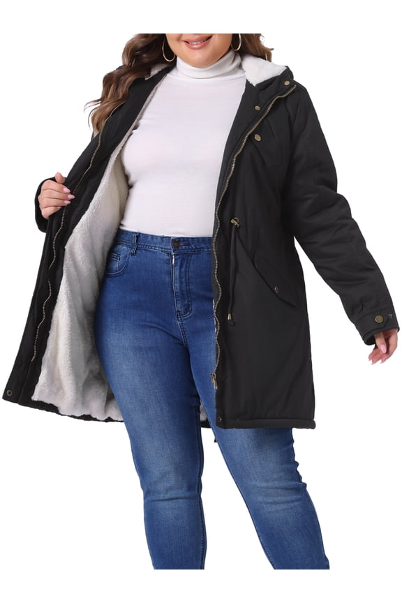 Women's Plus Size Faux Fur Lined Long Anorak with Hood 2X Black