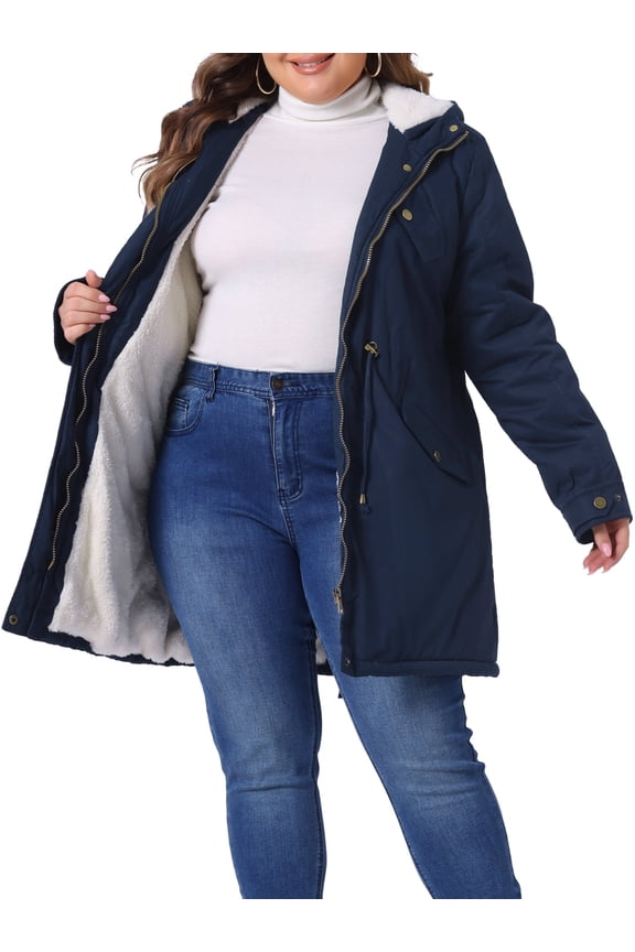 Women's Plus Size Faux Fur Lined Long Anorak with Hood 2X Navy Blue