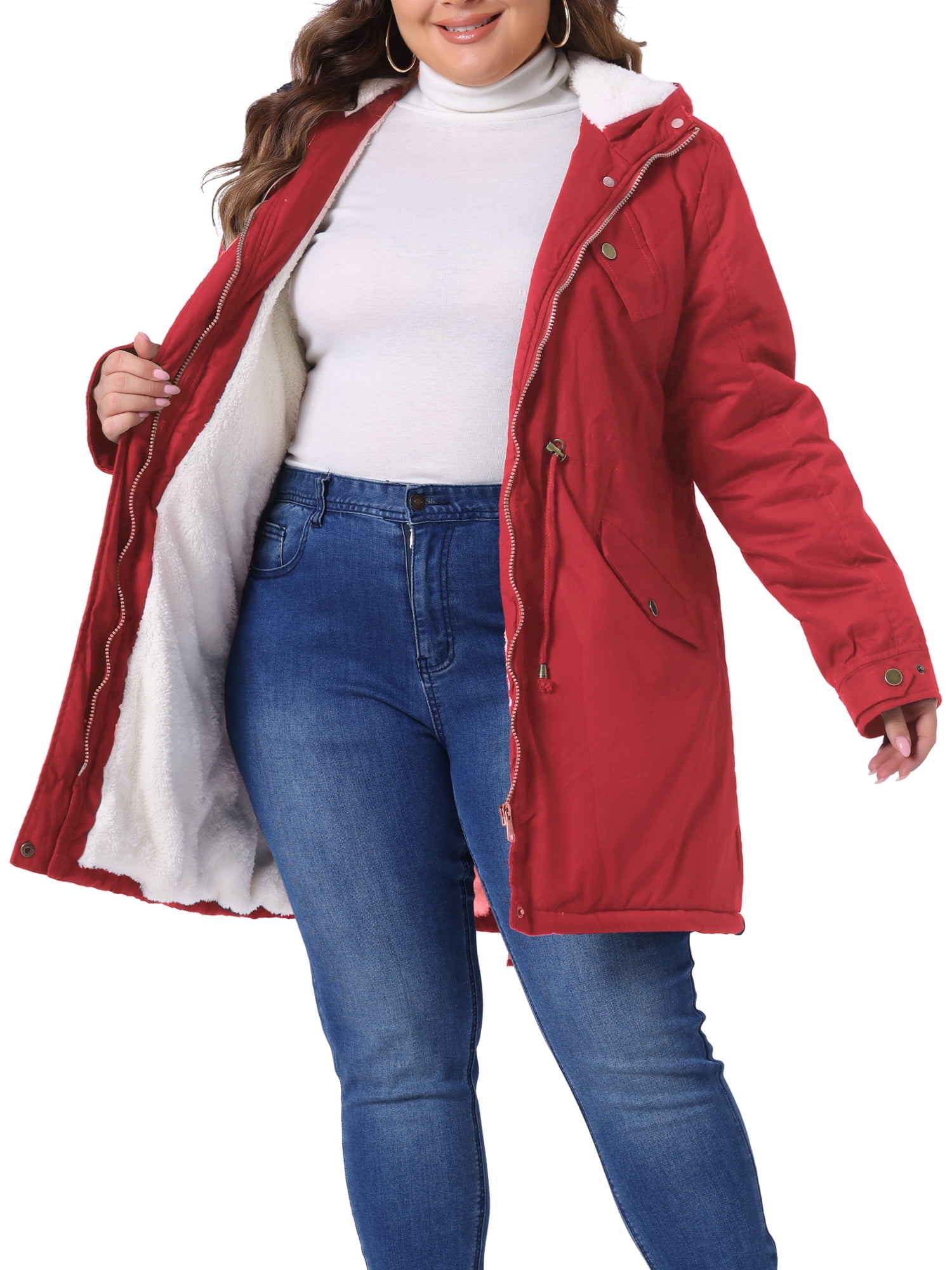 DARING DIVA Women's Plus Size Faux Fur Lined Long Anorak with Hood 2X Red