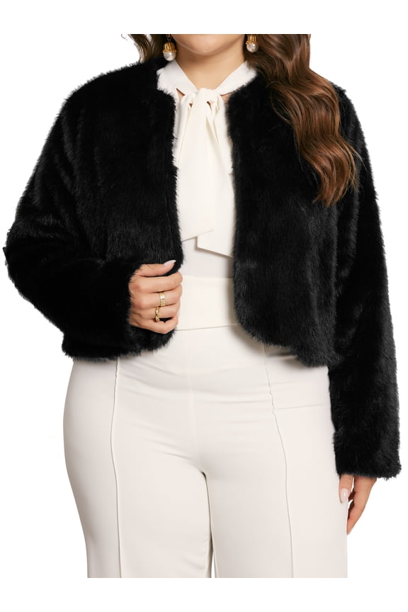Women's Plus Size Faux Fur Long Sleeve Open Front Winter Coat 1X Black