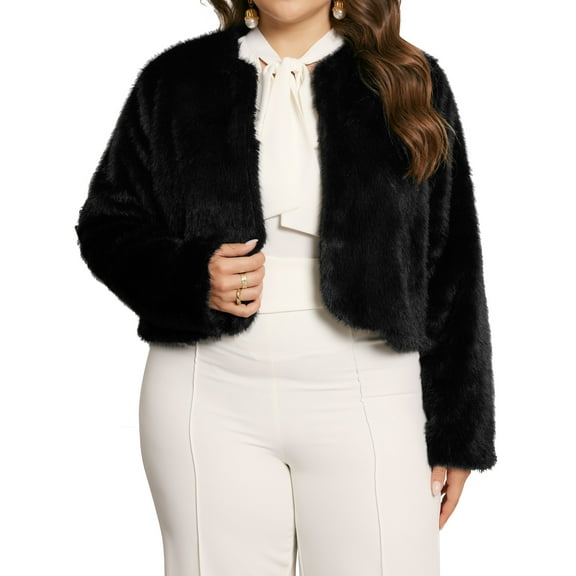 DARING DIVA Women's Plus Size Faux Fur Long Sleeve Open Front Winter Coat 3X Black