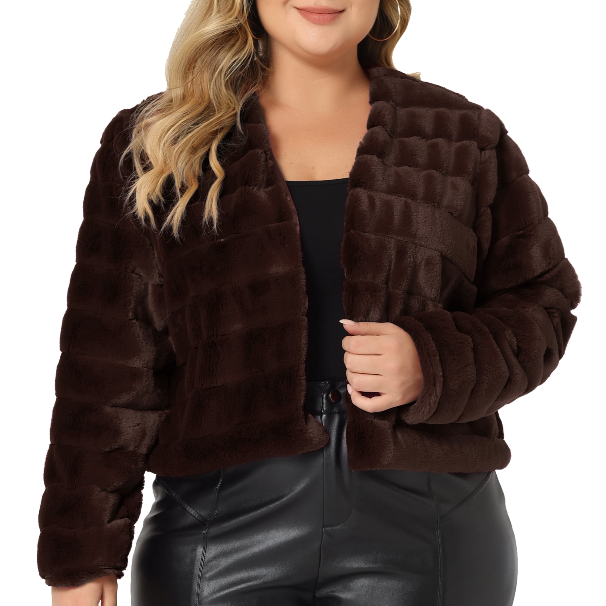 DARING DIVA Women's Plus Size Faux Fur Open Front Winter Jacket 1X Brown