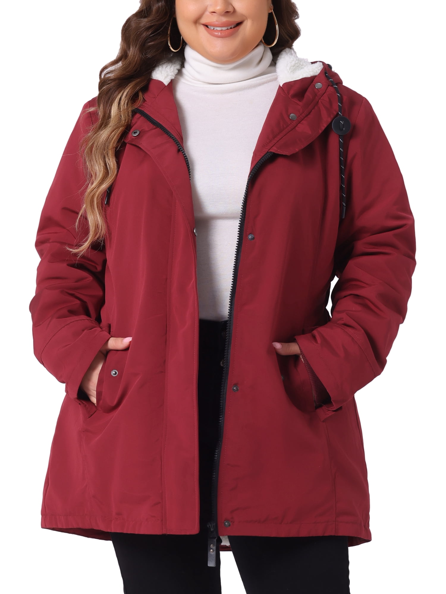 DARING DIVA Women's Plus Size Faux Lamb Fur Leather Button Down Hoodie Coat 1X Burgundy