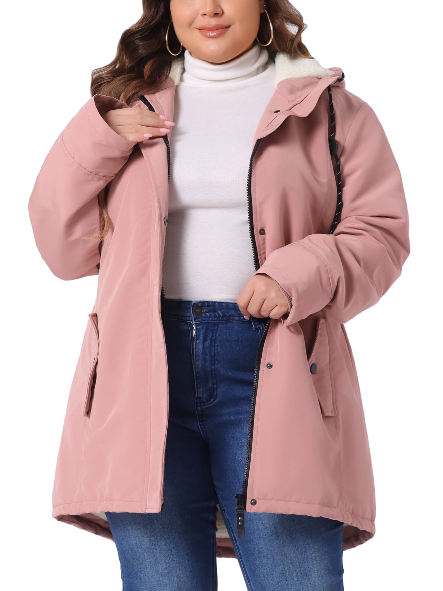 DARING DIVA Women's Plus Size Faux Lamb Fur Leather Button Down Hoodie Coat 2X Pink