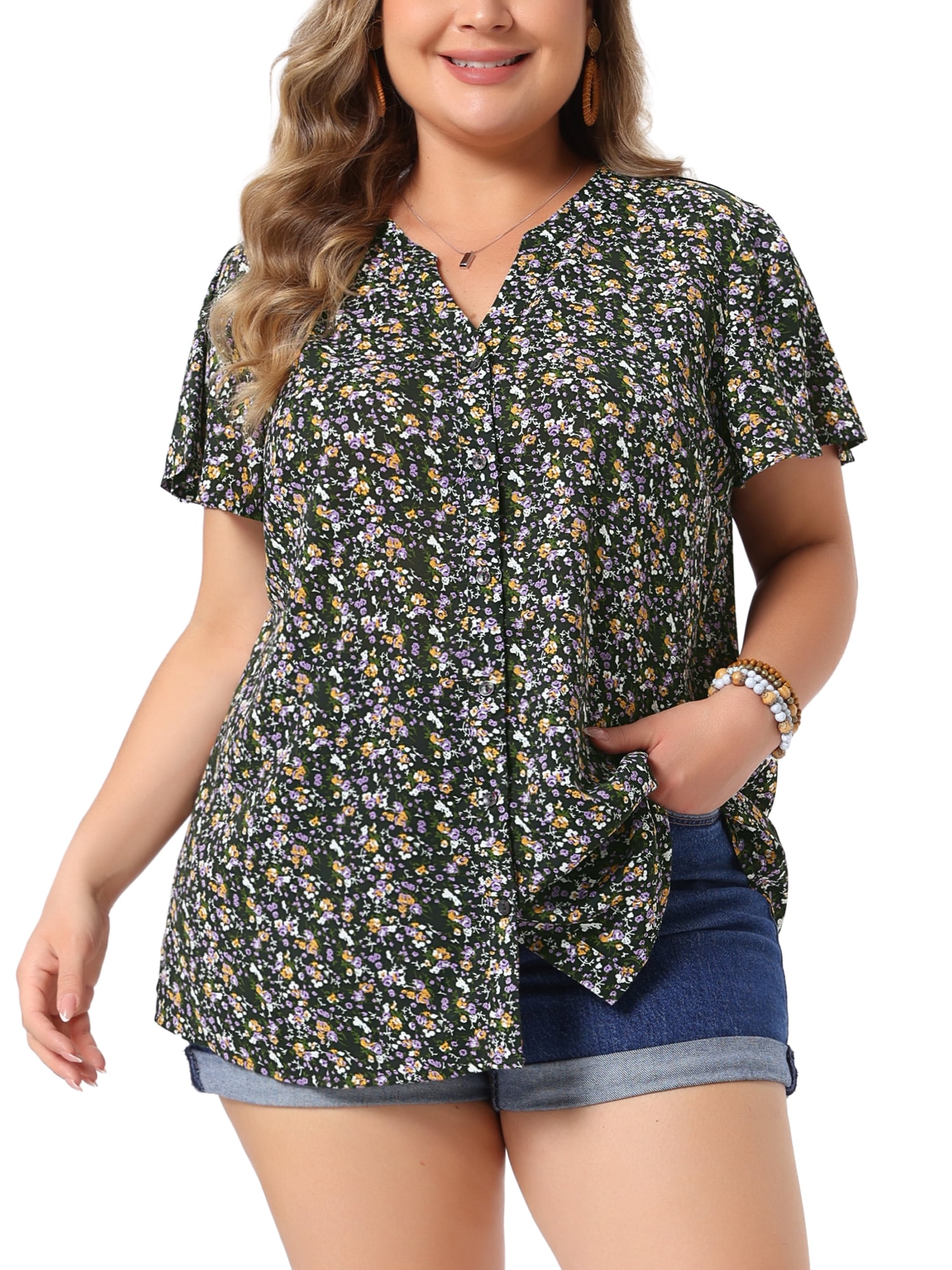DARING DIVA Women's Plus Size Flare Short Sleeve Button Down Floral Top 4X Black Purple
