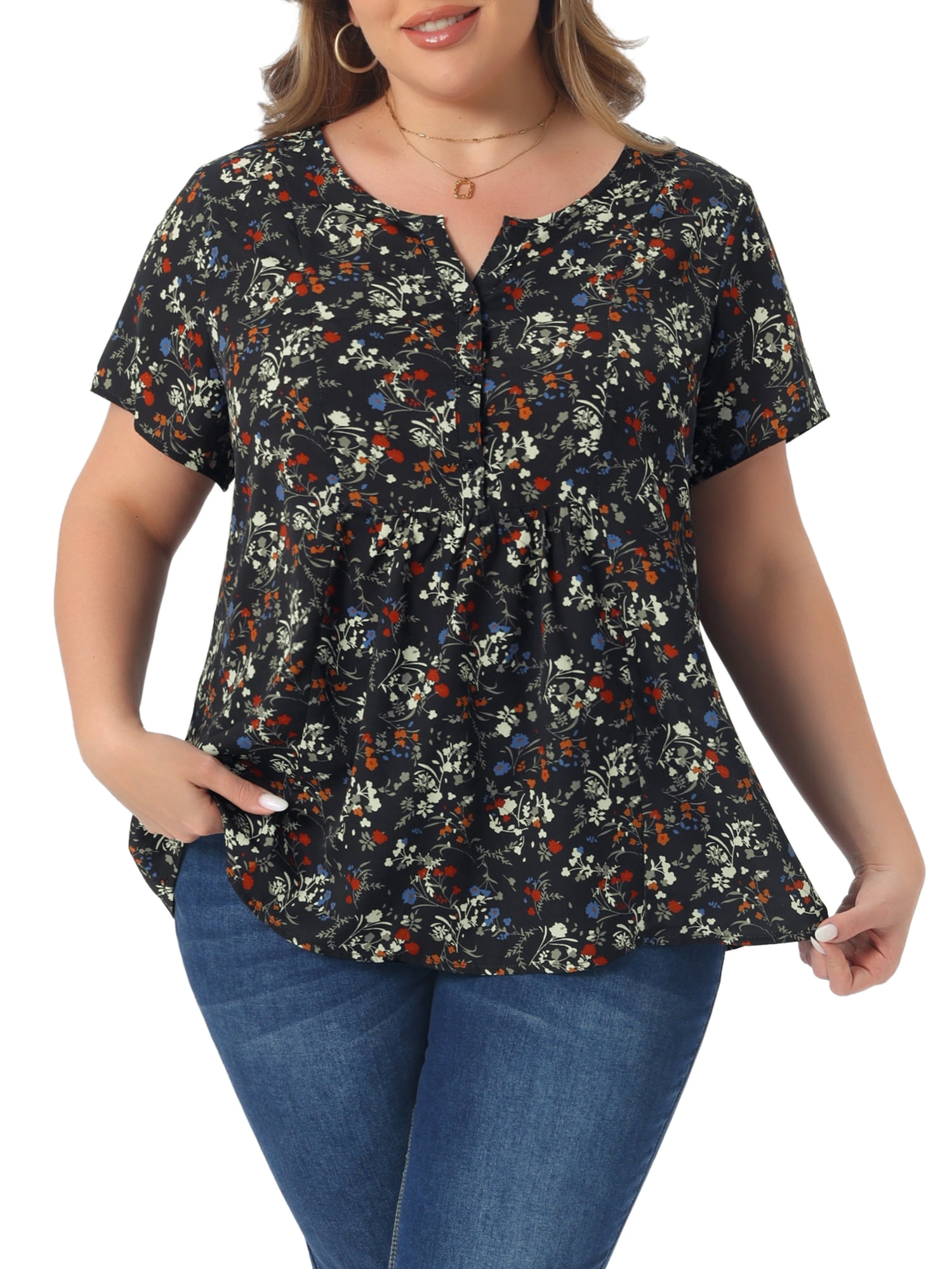 DARING DIVA Women's Plus Size Floral Half Placket Short Sleeve Blouses 3X Black White