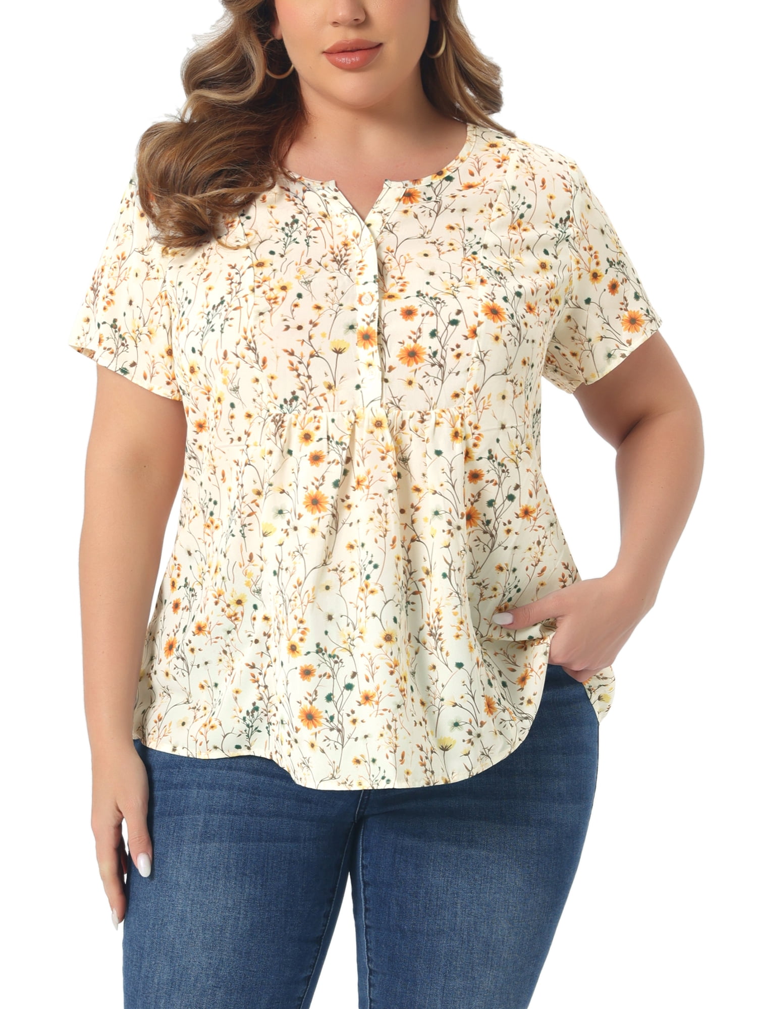 DARING DIVA Women's Plus Size Floral Half Placket Short Sleeve Blouses 4X Light Yellow