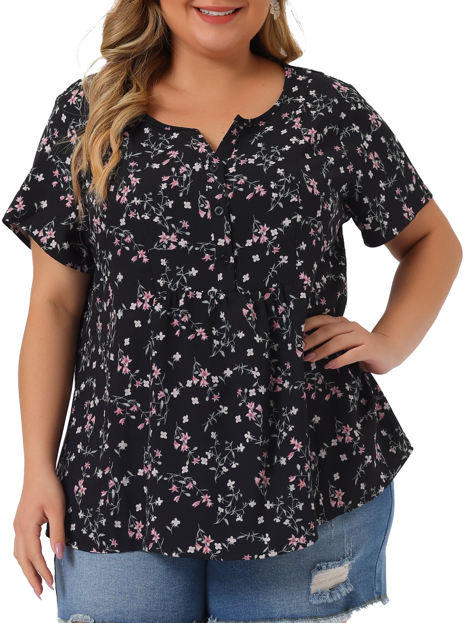 DARING DIVA Women's Plus Size Floral Half Placket Short Sleeve Blouses 5X Black