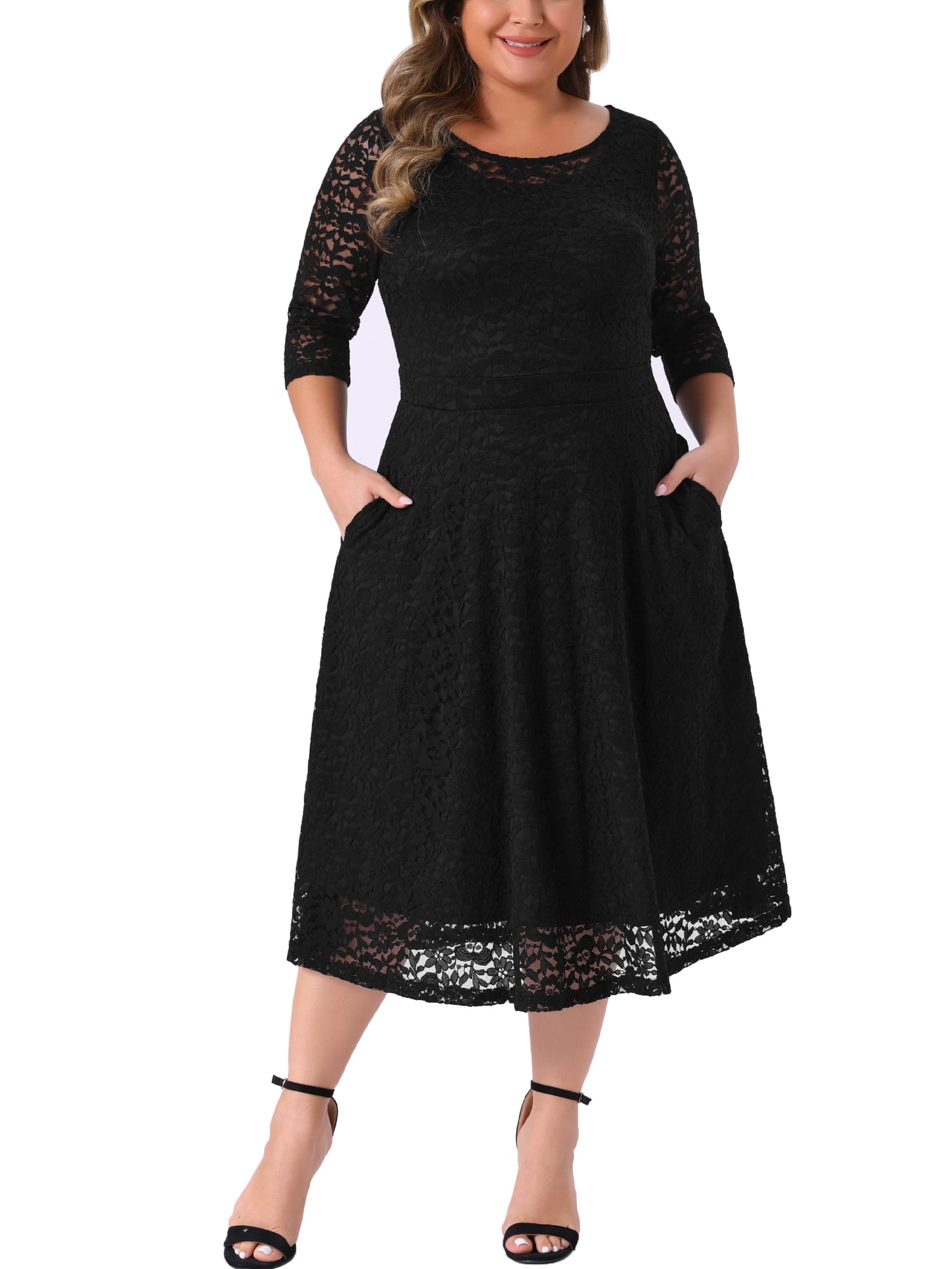 DARING DIVA Women's Plus Size Floral Lace 3/4 Sleeves Pocket Cocktail Dress 1X Black