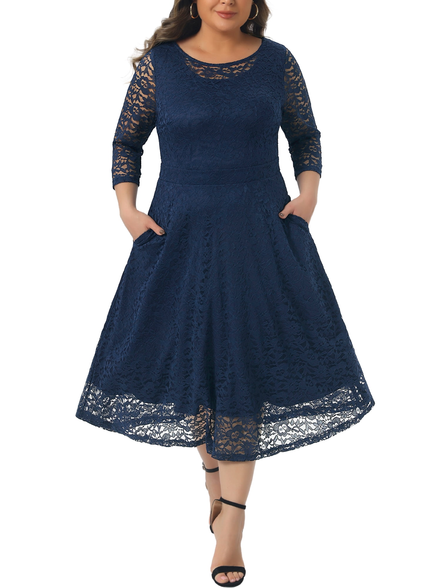 DARING DIVA Women's Plus Size Floral Lace 3/4 Sleeves Pocket Cocktail Dress 4X Navy Blue