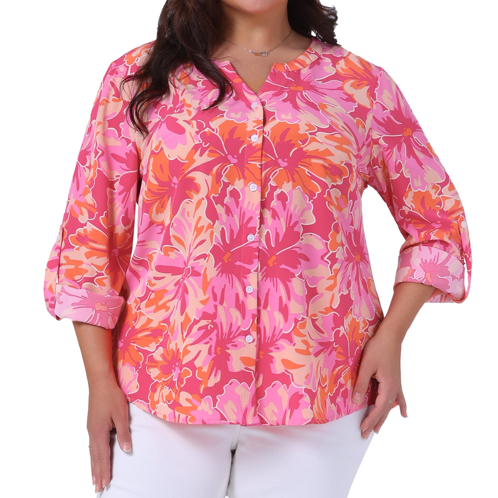 DARING DIVA Women's Plus Size Floral Long Sleeve Button Down Shirt 3X Hot Pink