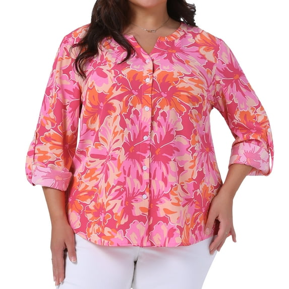 DARING DIVA Women's Plus Size Floral Long Sleeve Button Down Shirt 3X Hot Pink