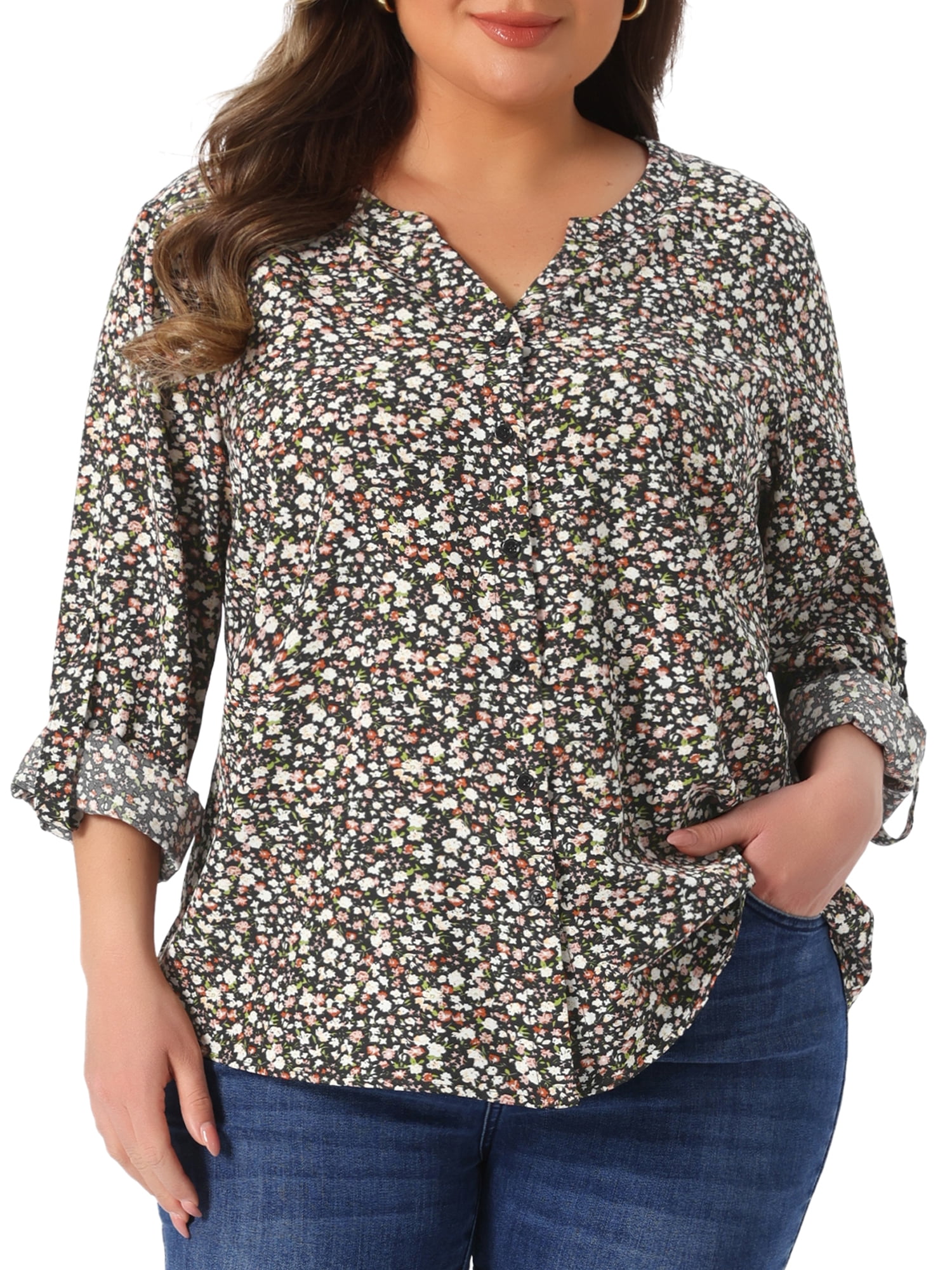 DARING DIVA Women's Plus Size Floral Long Sleeve Button Down Shirt 4X Black