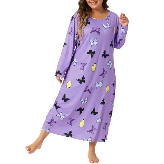 DARING DIVA Women's Plus Size Floral Long Sleeve Casual Nightgowns 1X Light Purple